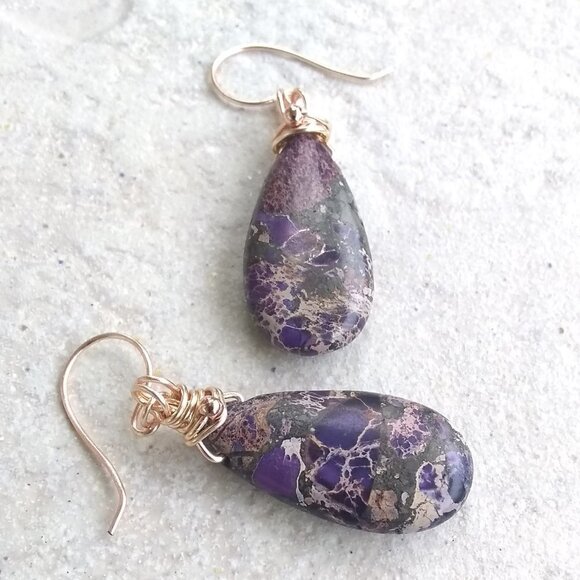 Purple & Plum Sea Sediment Jasper Teardrop + Rose Gold ~ Bold Dangle Earrings - Picture 3 of 12